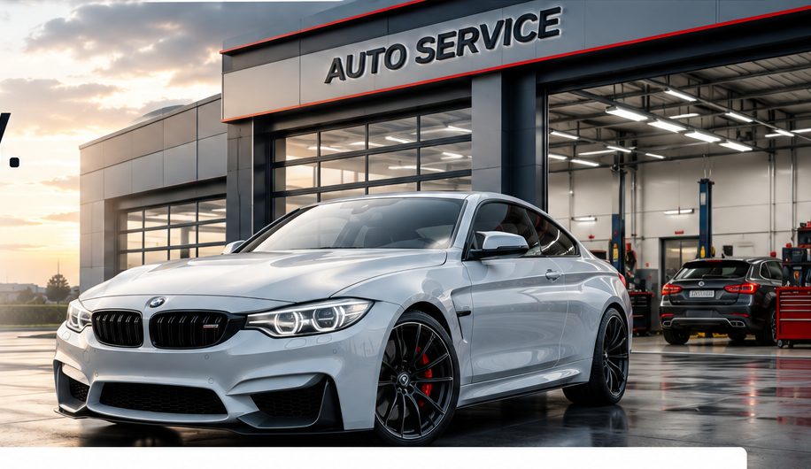 Modern auto service workshop with a premium car